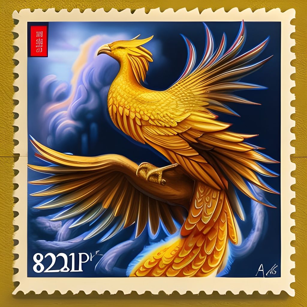Golden Phoenix Postage Stamp in Digital Painting Style