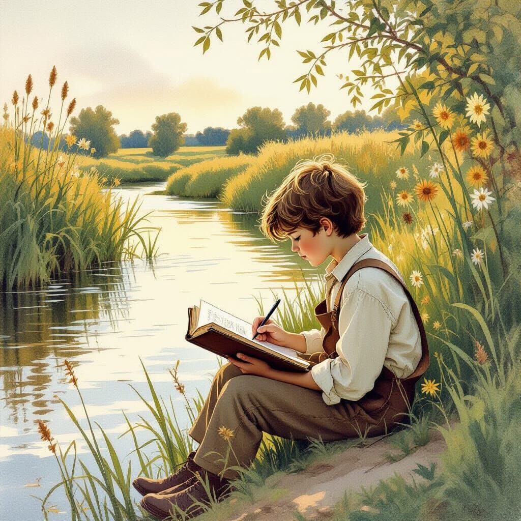 Boy Sketching by River in Golden Light, Arthur Rackham Style