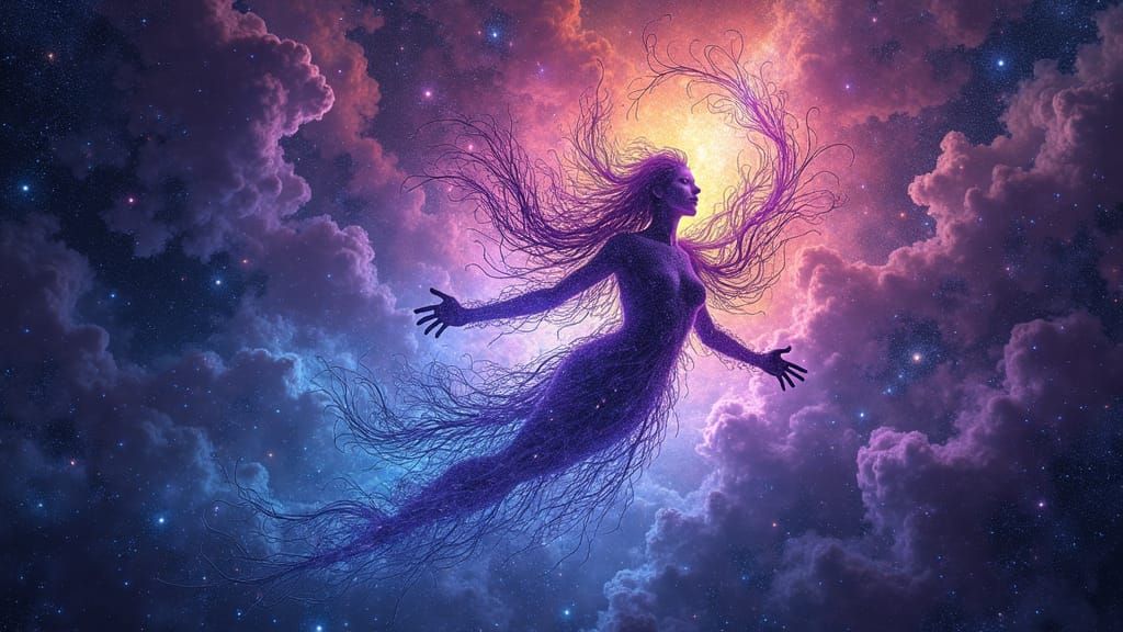 Cosmic Being in Starry Nebula, Holographic Digital Art