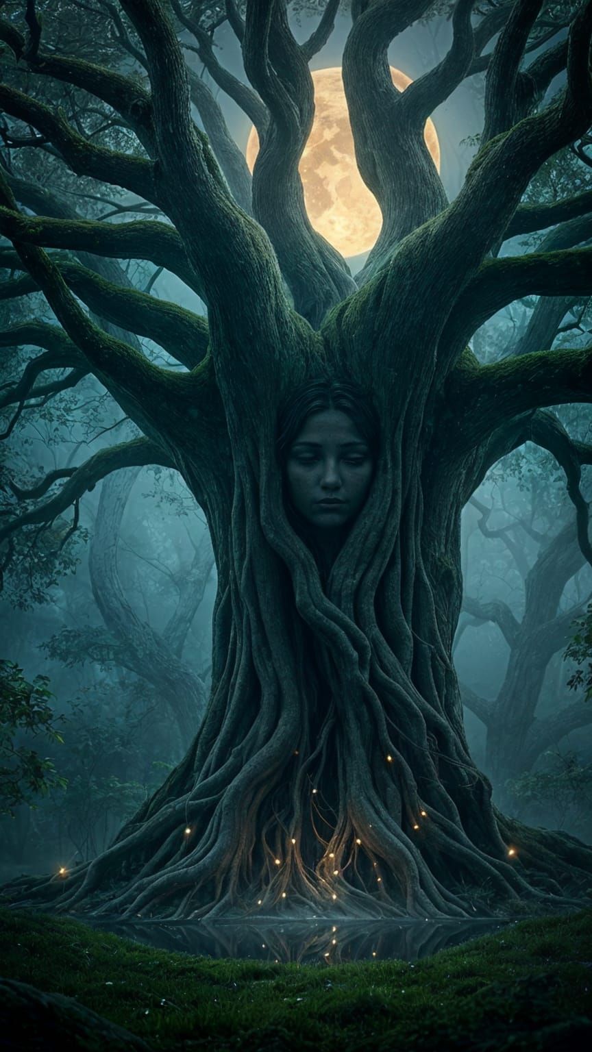 Ancient Tree Spirit in Moonlit Forest