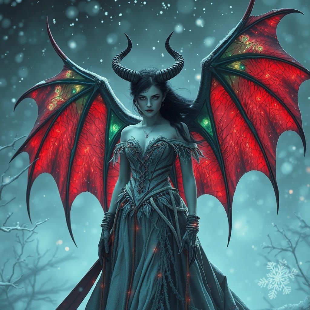 Dark Christmas Angel with Crimson and Emerald Wings