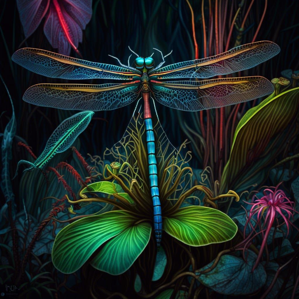 Bioluminescent Dragonfly Among Carnivorous Plants