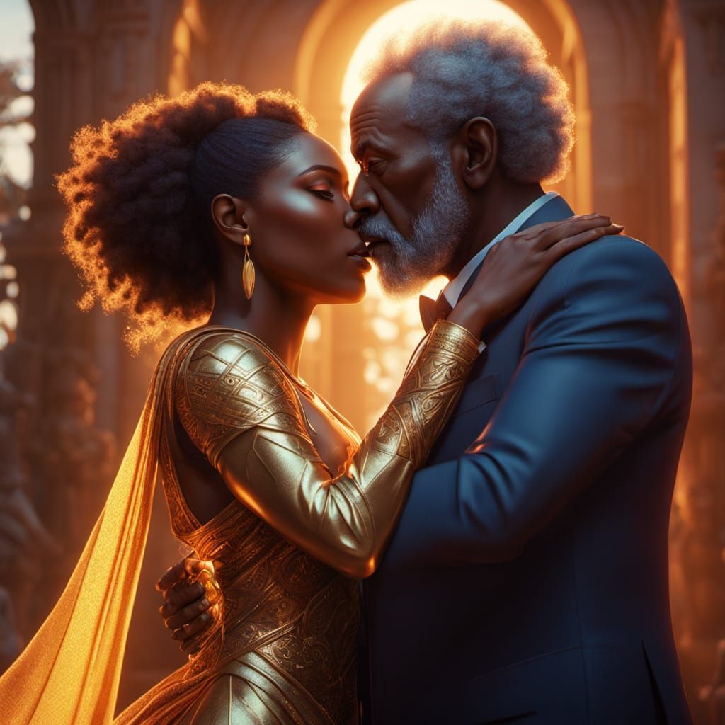 Ebony Beauty Captivates an Elderly Gentleman in Warm Golden ...