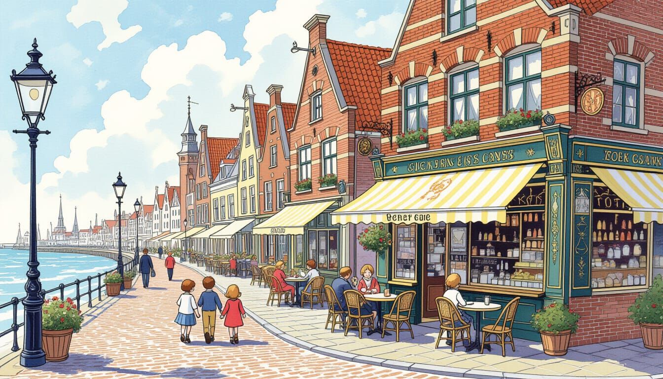 Dutch Coastal City Scene in Watercolor Style