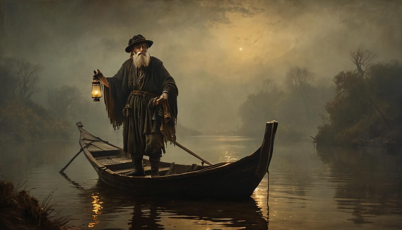 Charon Guiding Boat on River Styx, Baroque Oil Painting