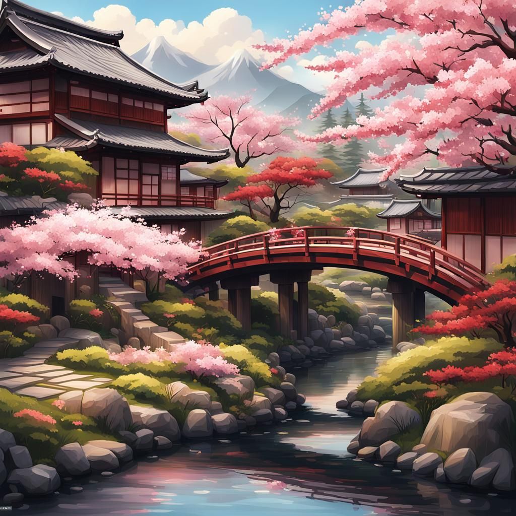 Japanese Garden with Cherry Blossoms in Hyperrealistic Style