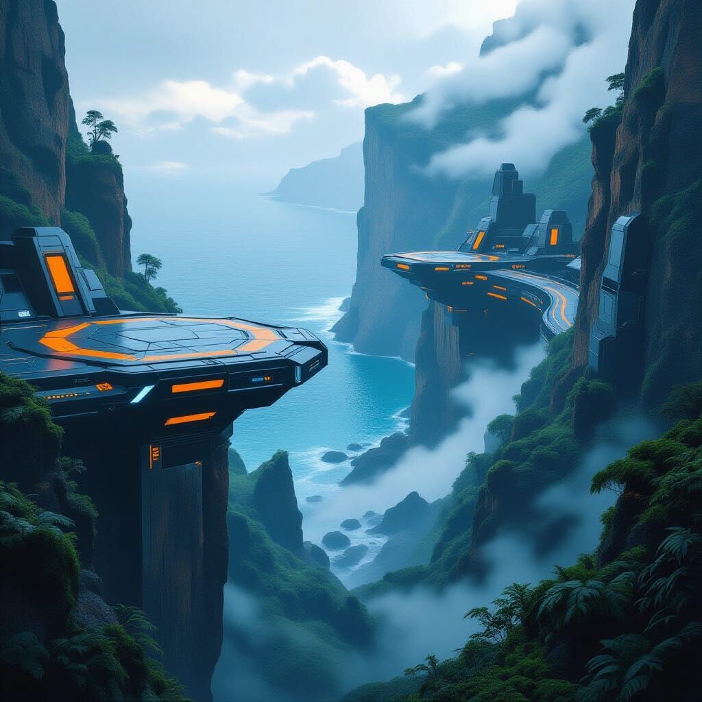 Futuristic Landing Platform on Misty Cliffside
