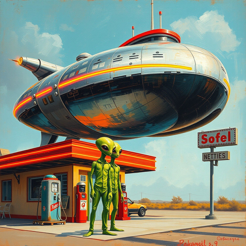 Aliens Fueling Spaceship: Neo-Impressionist Extraterrestrial...