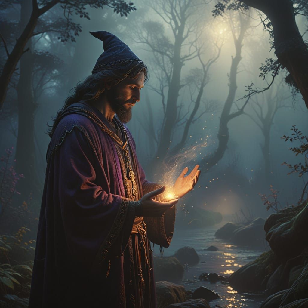 Mystical Wizard Conjures Golden Light in Misty Morning