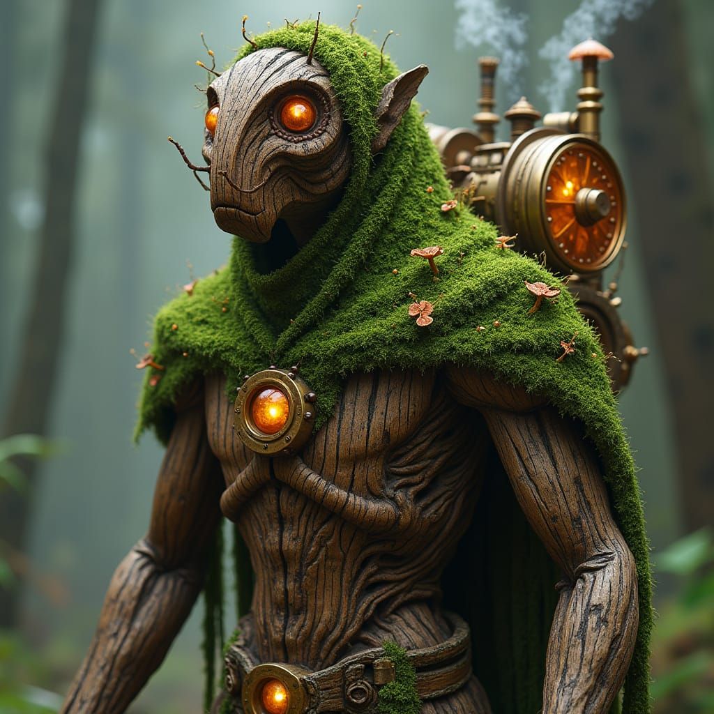 Warforged Druid in Wooden Armor with Moss Cloak and Brass De...