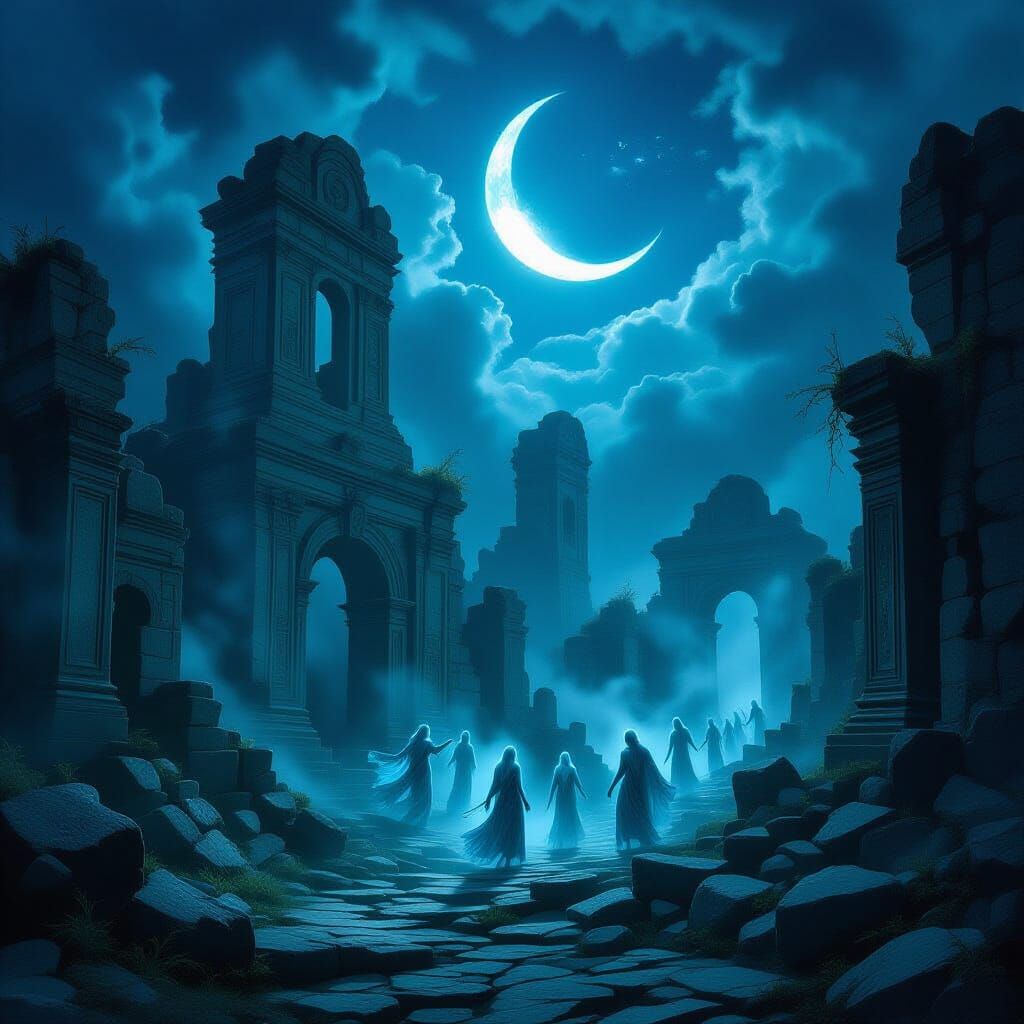 Moonlit Ancient City Ruins in Dark Forest