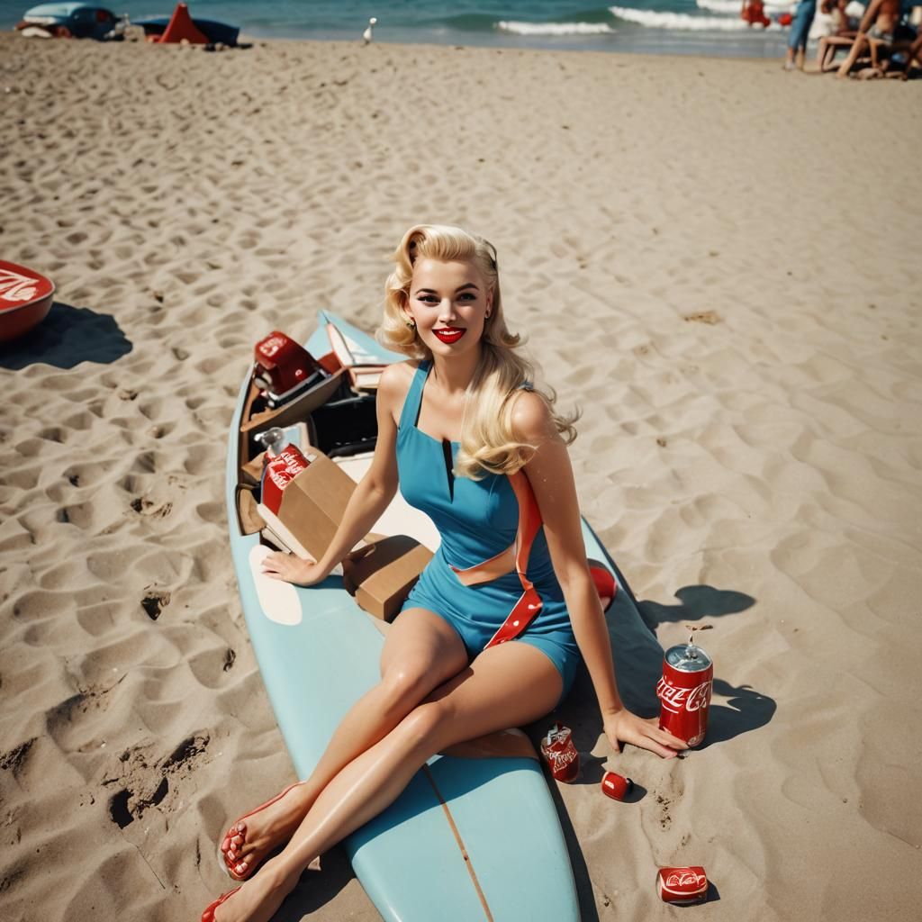 Retro Pin-Up Girl on Surfboard, 50s Style
