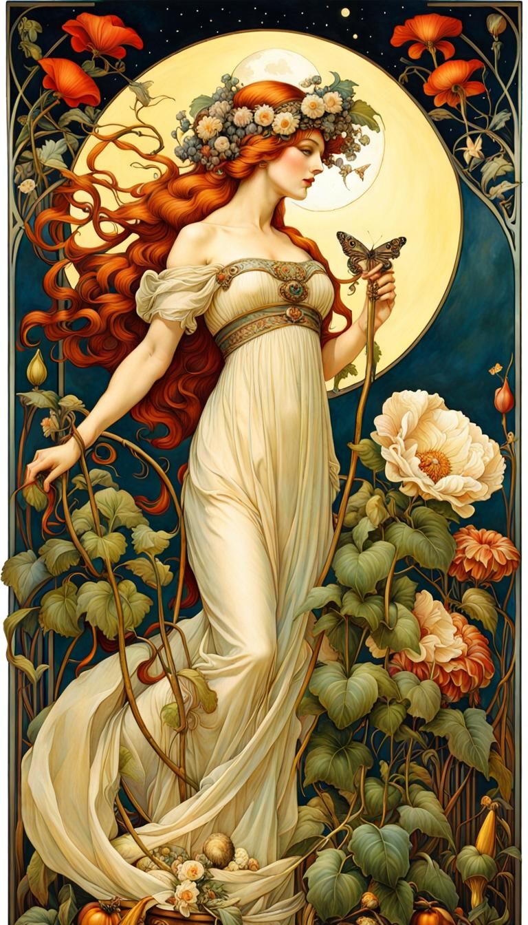 Art Nouveau Harvest Goddess Freya with Wolf