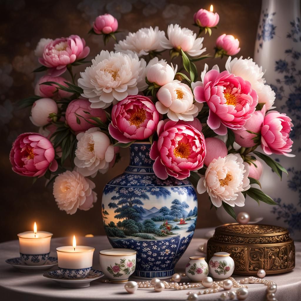 Exquisite Porcelain Vase with Flowers and Pearls
