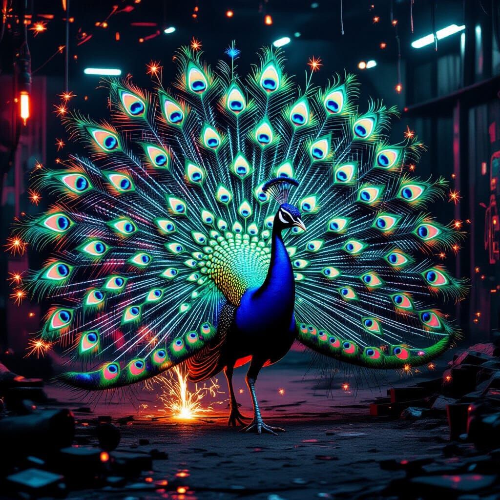 Biomechanical Peacock in Neon Junkyard, Giger and Mead Style