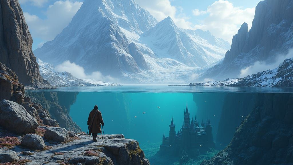 Majestic Mountains Meet Mystical Depths in Cyberpunk Fantasy
