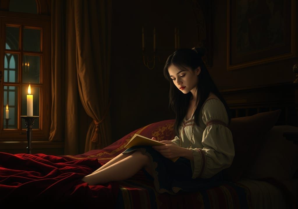 Girl Reading by Candlelight in Medieval Room