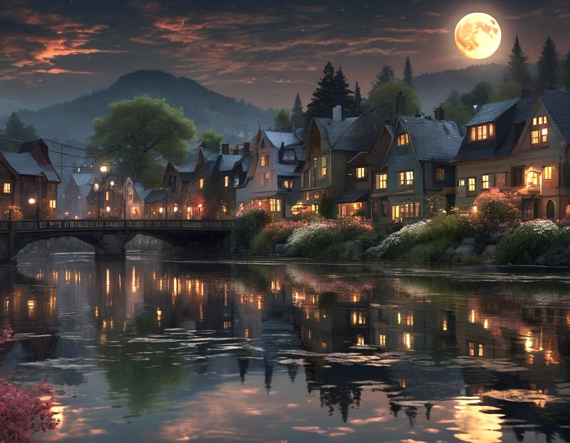 Full Moon Reflection Over Cozy Old Town