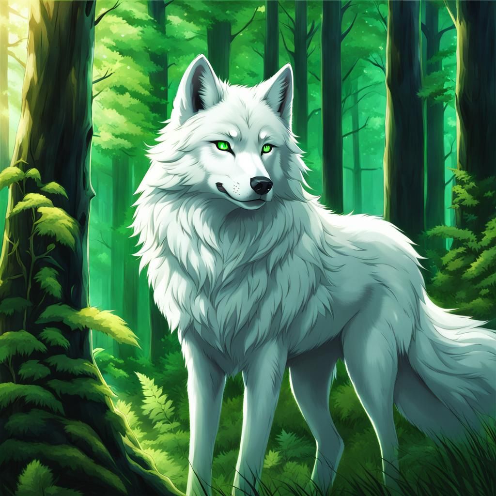 Anime White Wolf with Green Eyes in Cute Forest