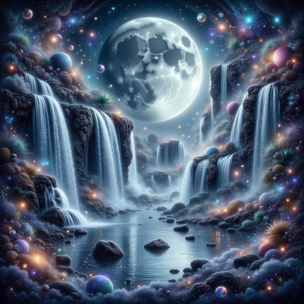 Mystical Moonlit Lake Scene with Silver Waterfalls