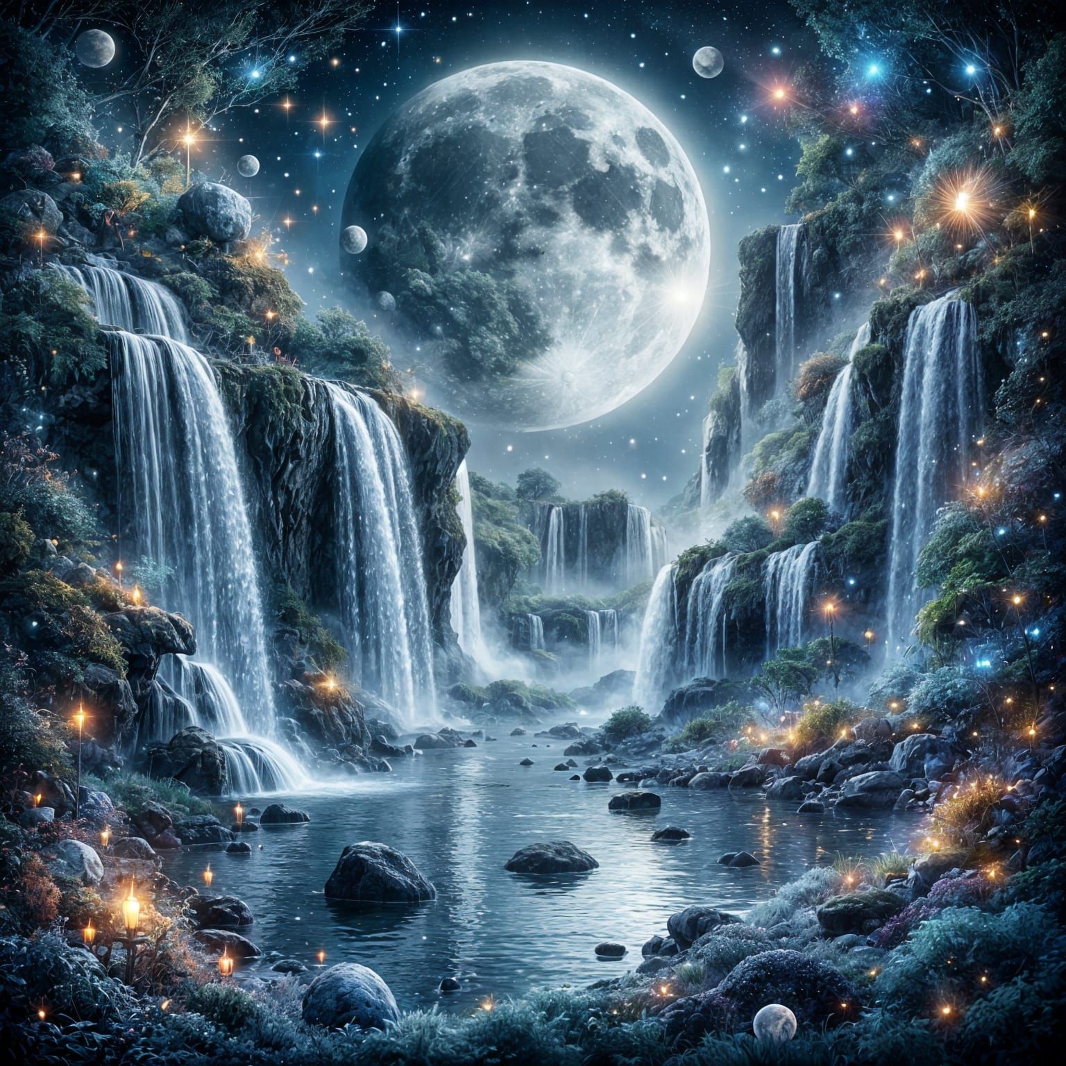 Luminous Waterfalls Under the Full Moon