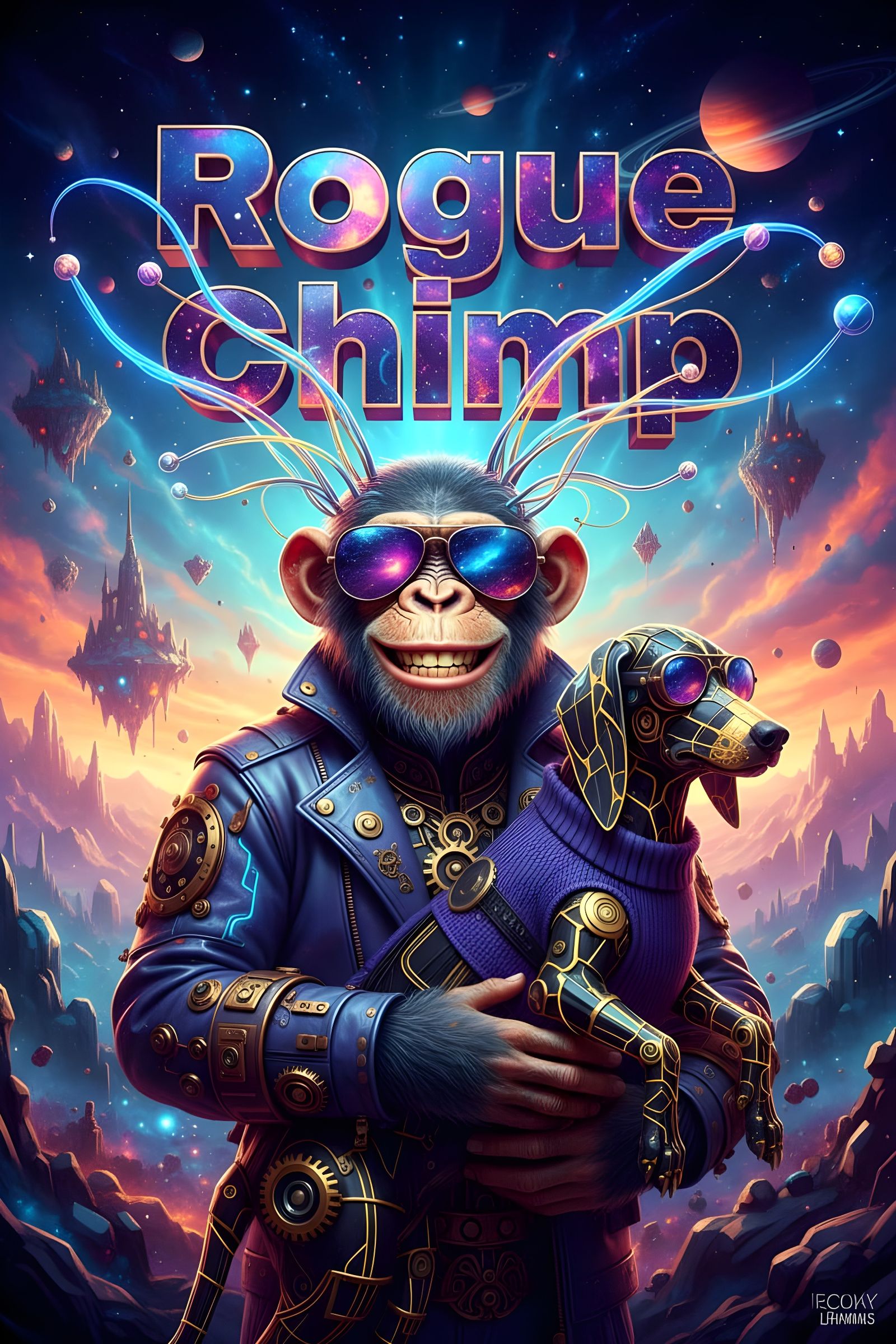 Steampunk Chimp Man With Strange Dog Creature