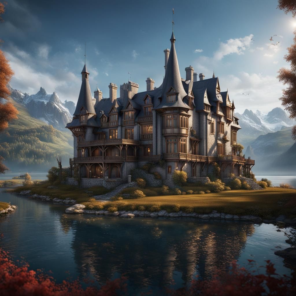 Grand Manor House Reflected in Lake