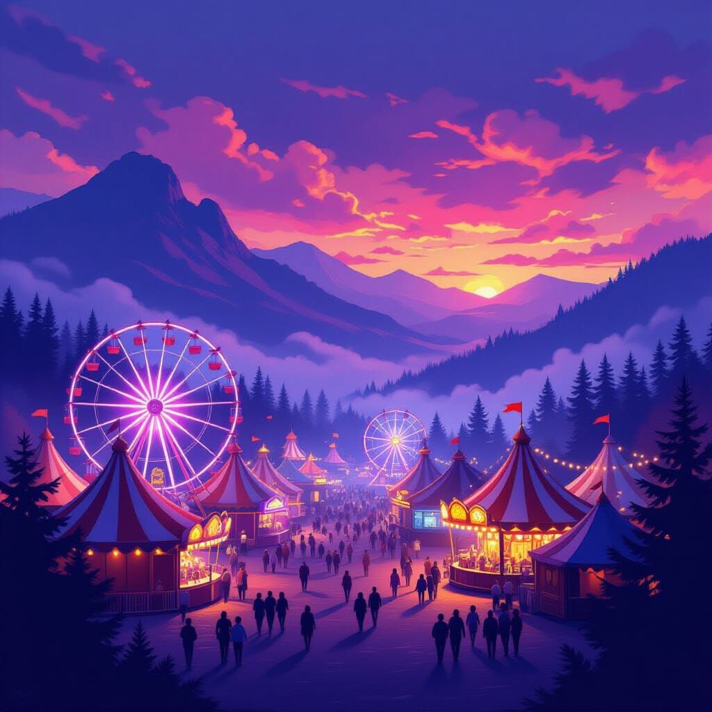 Vibrant Carnival at Twilight Amidst Misty Mountains