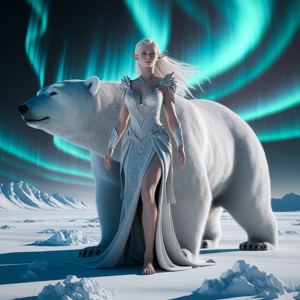 An elven sorceress with her polar bear