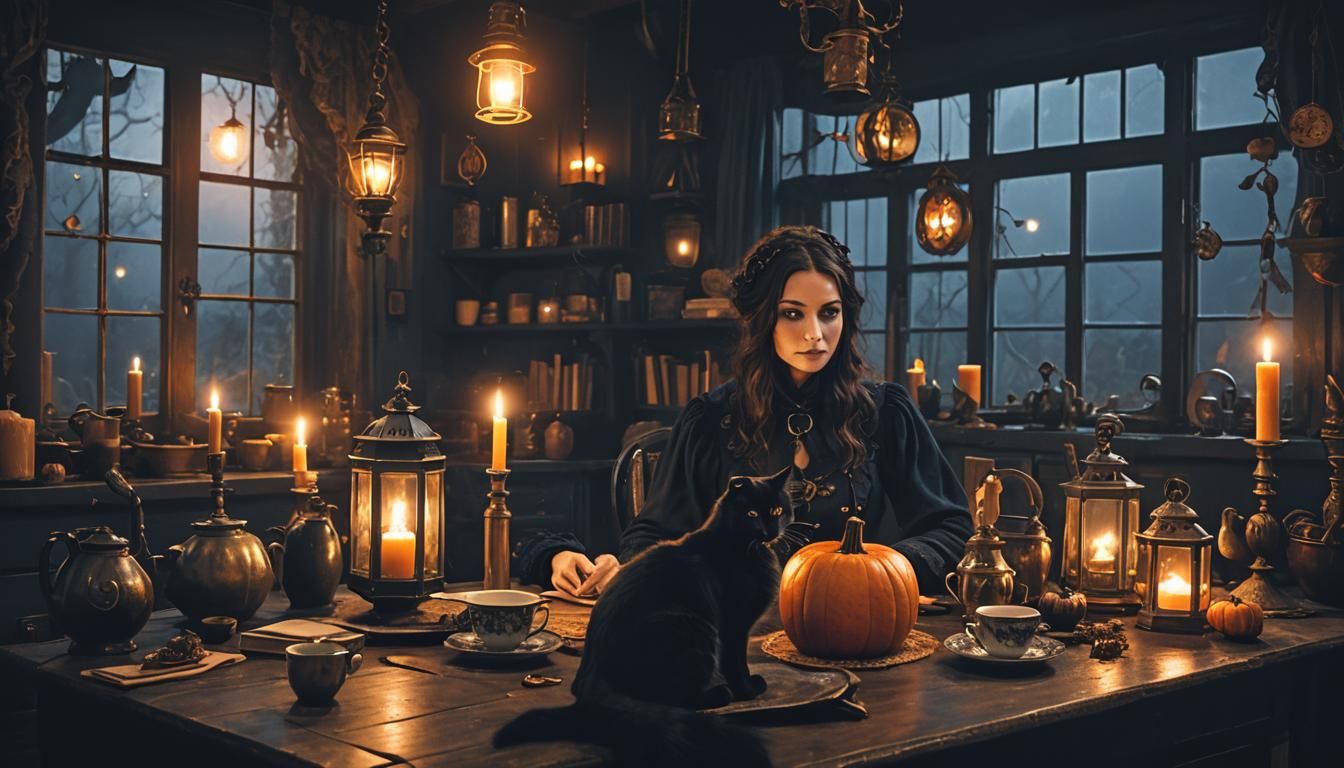 Enchanting Raven and Cat in Steampunk Cottage
