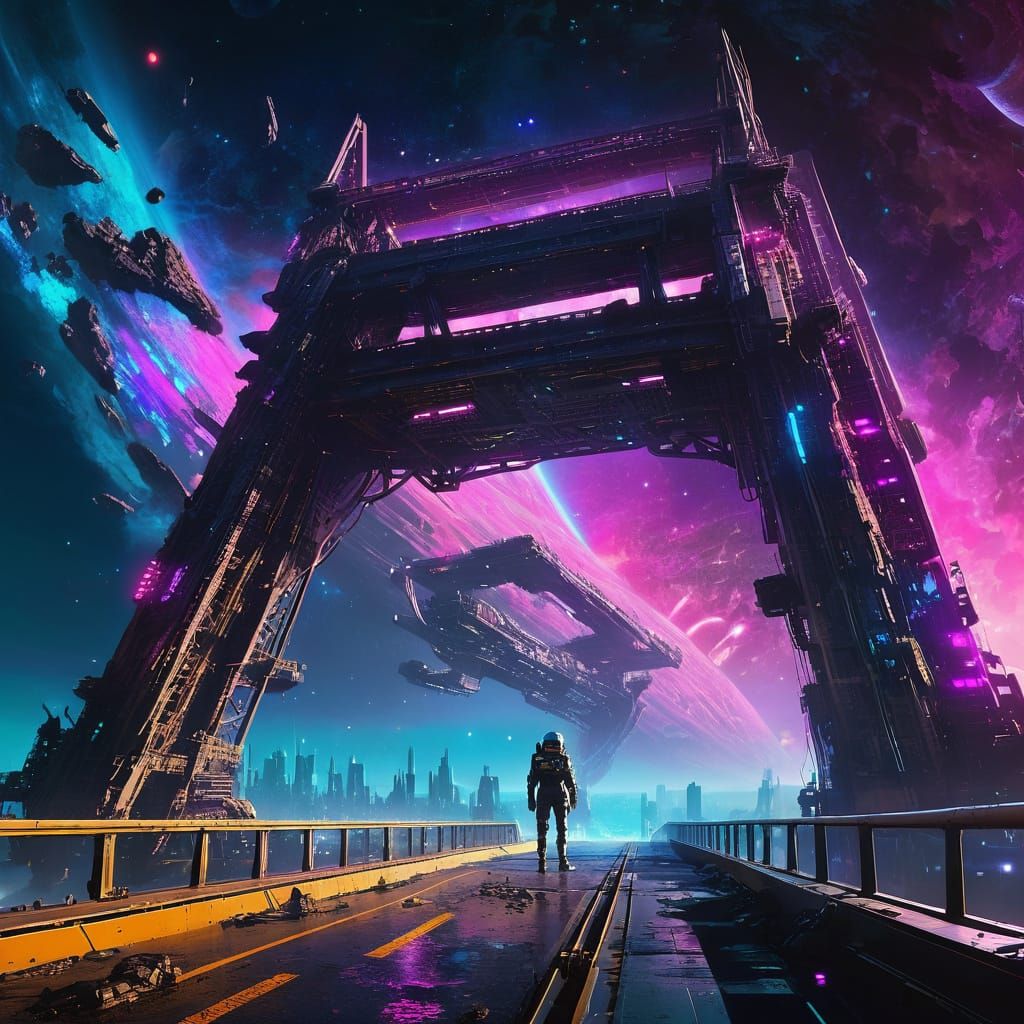 Gigantic Dystopian Bridge in Space, Cyberpunk Neon Glow
