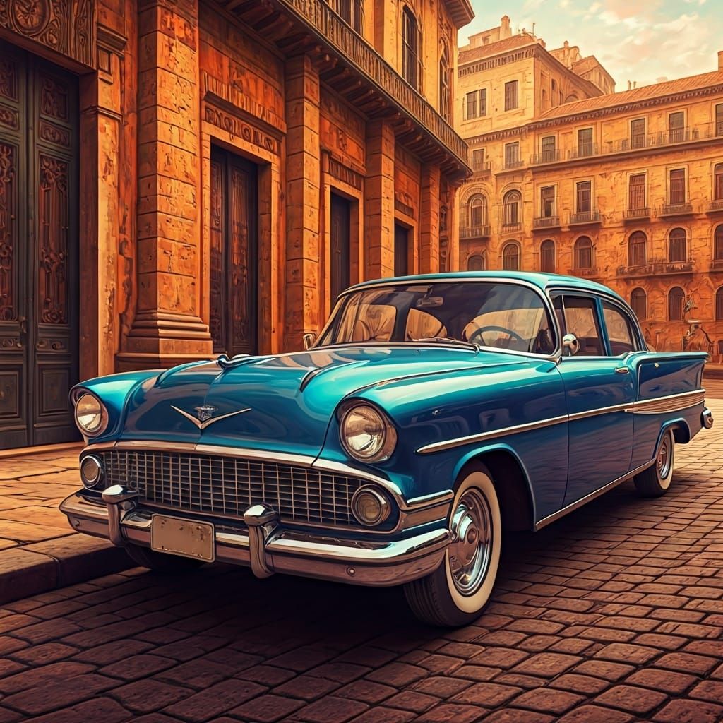 Grand Old Car on Detailed Street: Hyperrealistic