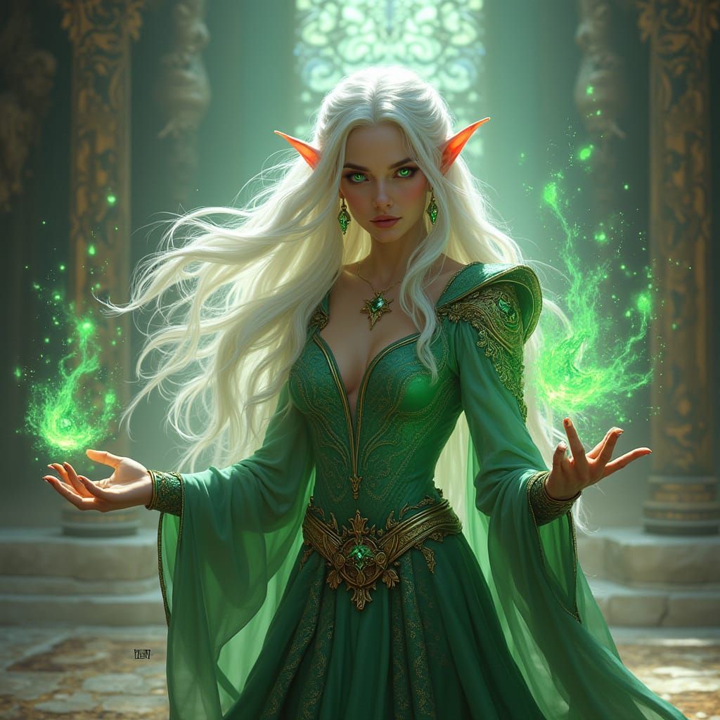 Elven Sorceress Manipulating Elements in a Grand Hall