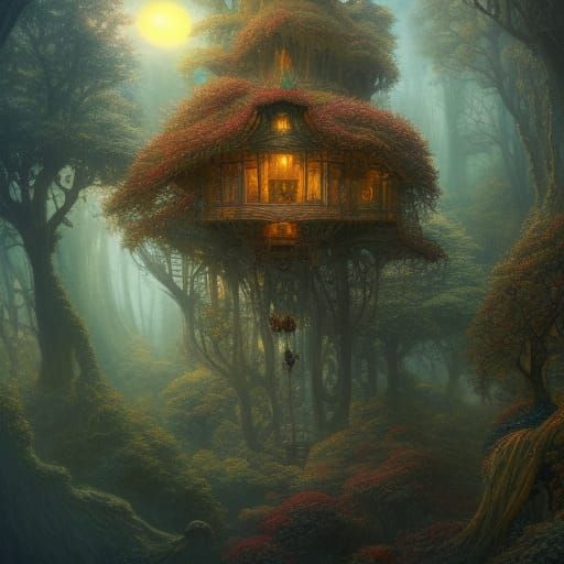 Epic Hill Treehouses in Detailed Fantasy Landscape