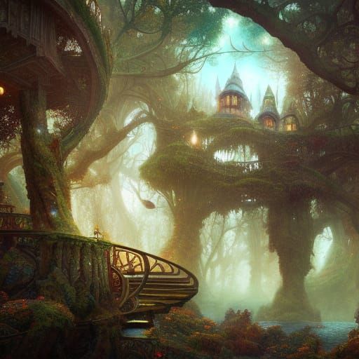 Whimsical Treehouses on a Glittering Hill, Digital Art