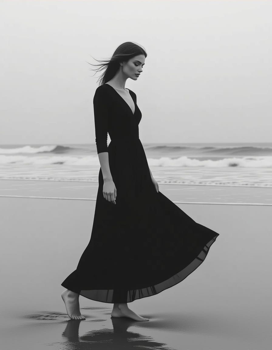 Woman in Black Dress on Wet Sand by the Ocean
