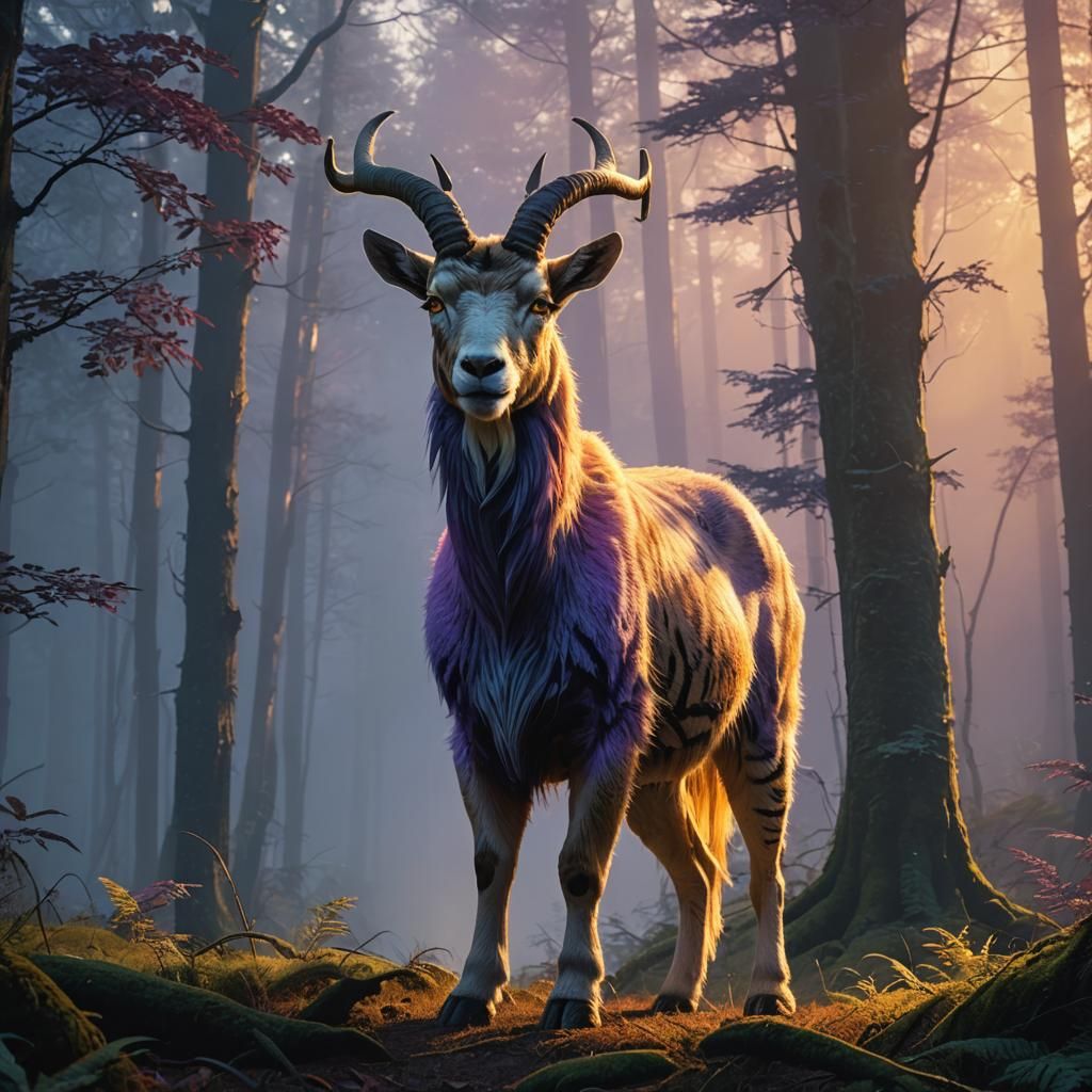Goat-Tiger Hybrid in Misty Forest, Digital Matte Painting