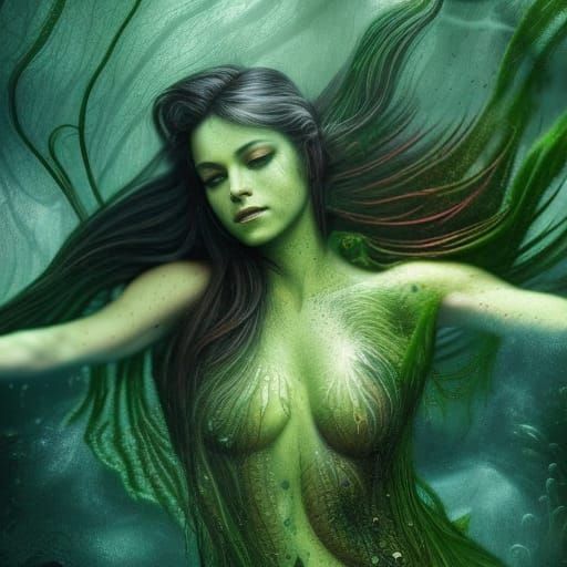 Green Mermaid in Detailed Matte Painting Style