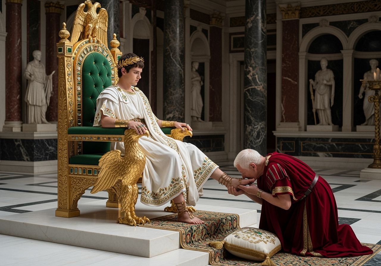 Emperor Nero on Lavish Throne in Ancient Roman Palace