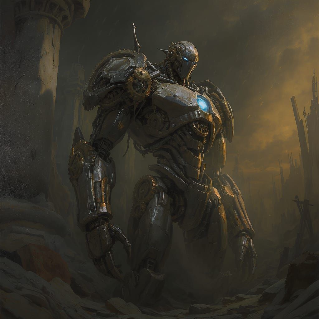 Clockwork Golem in Ruined City, Cinematic Portrait