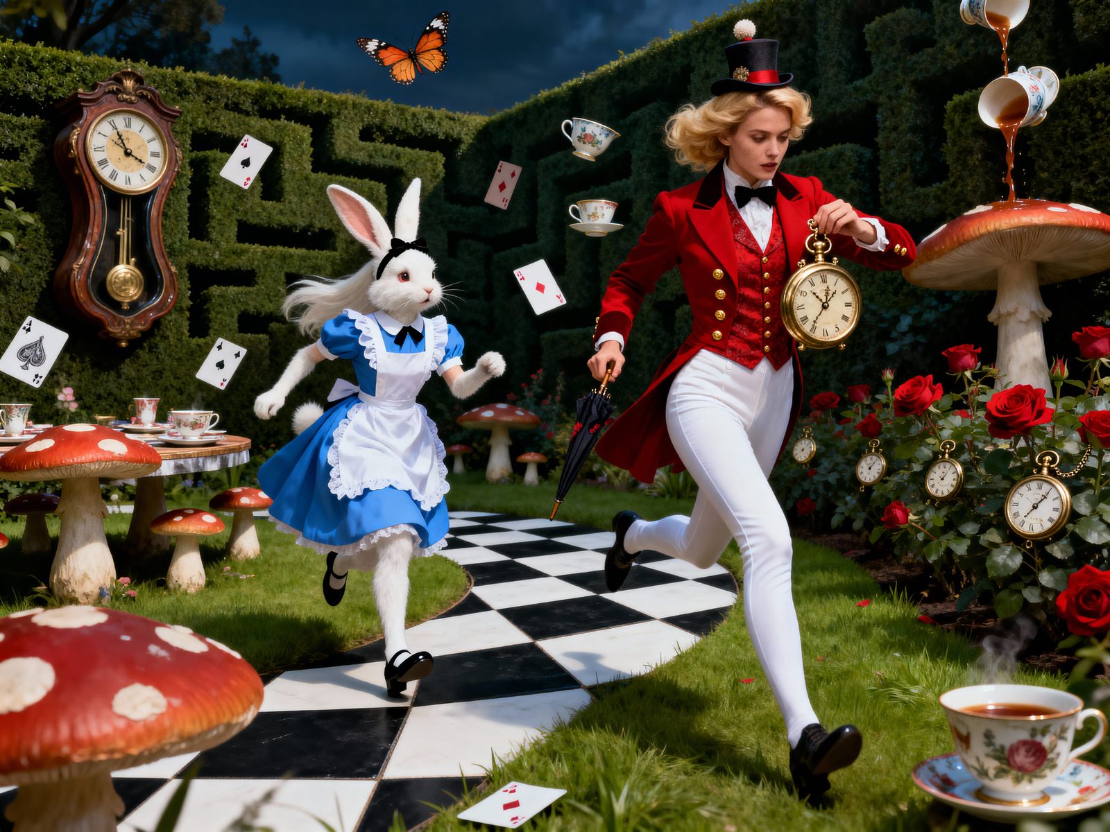 White Rabbit & Alice Swap Roles in Surreal Garden