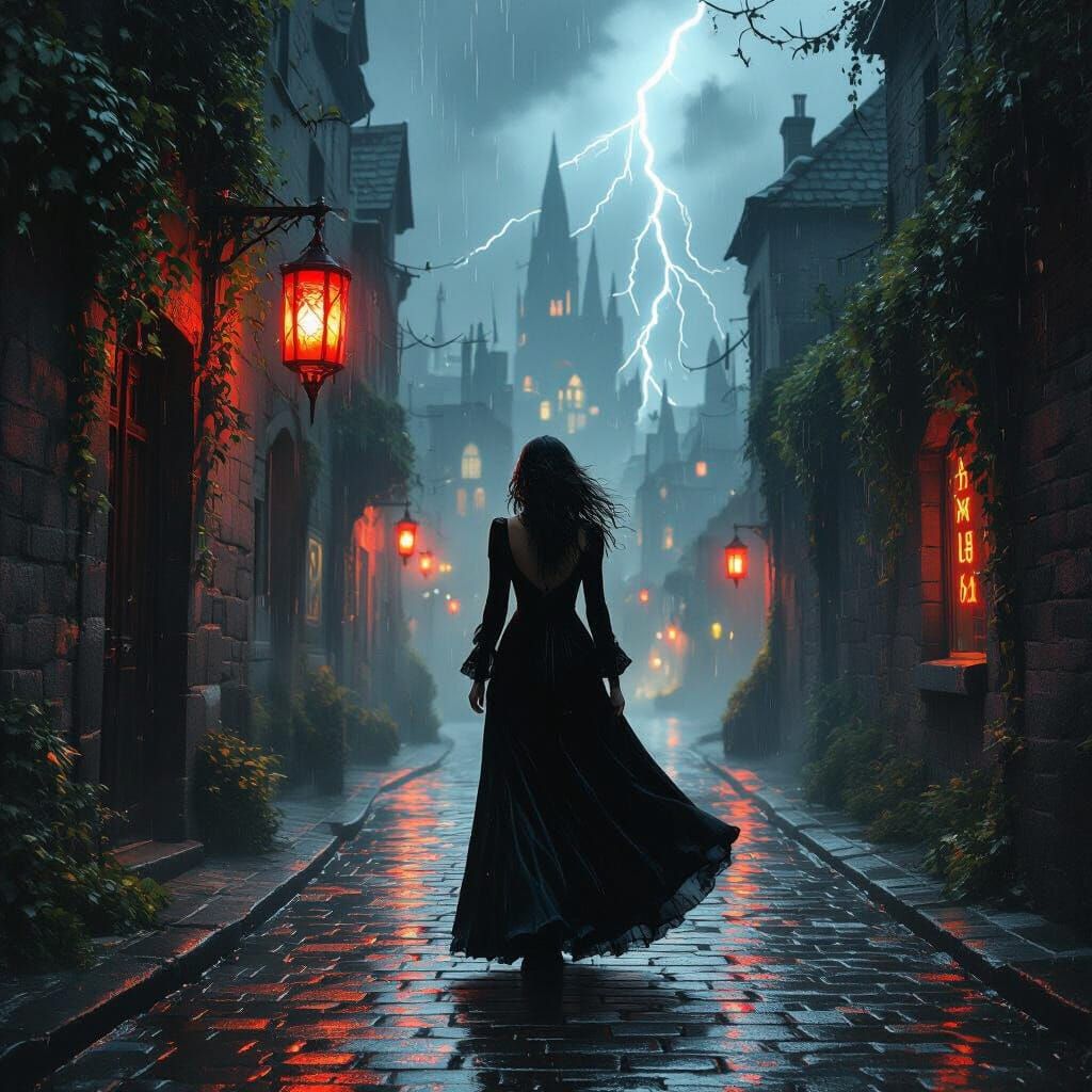 Gothic Woman in Stormy City, Cinematic Painting