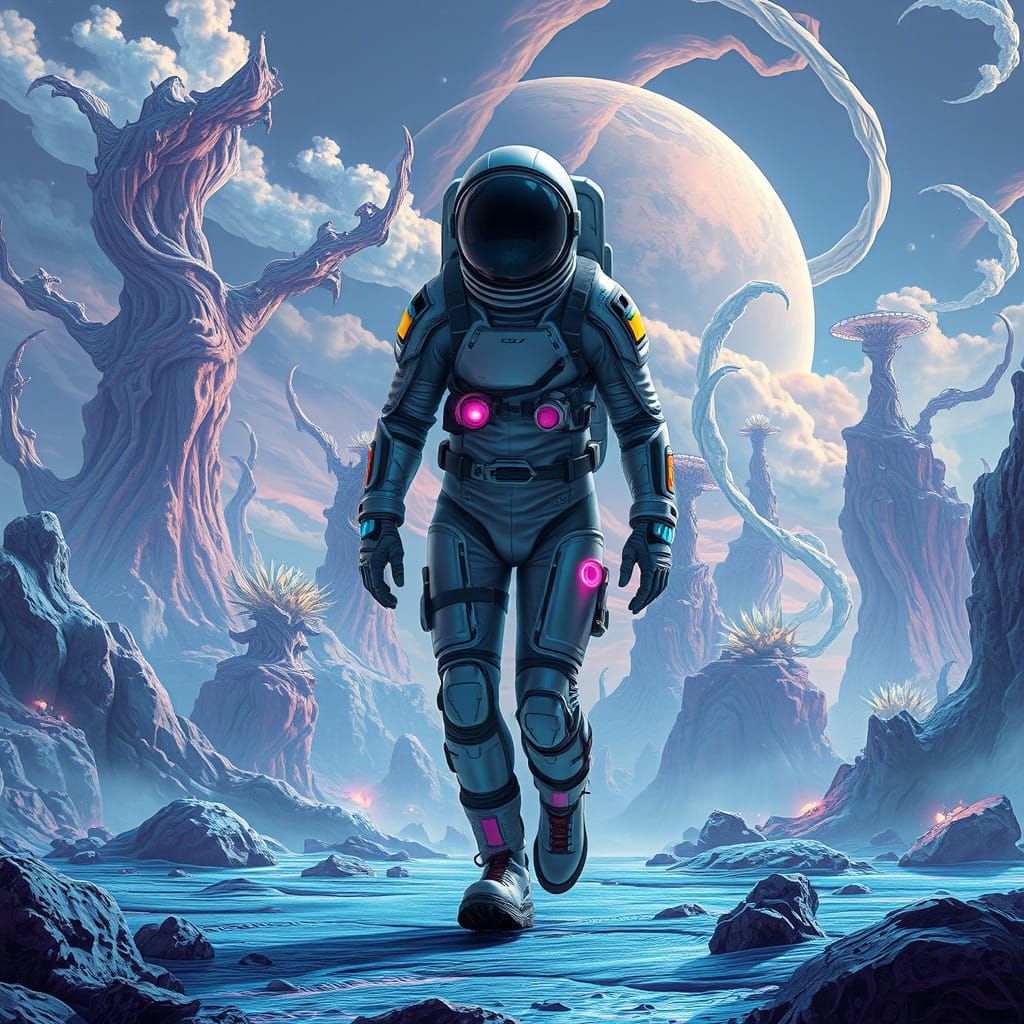 Astronaut Exploring a Breathtaking, Iridescent Planet in Cyb...