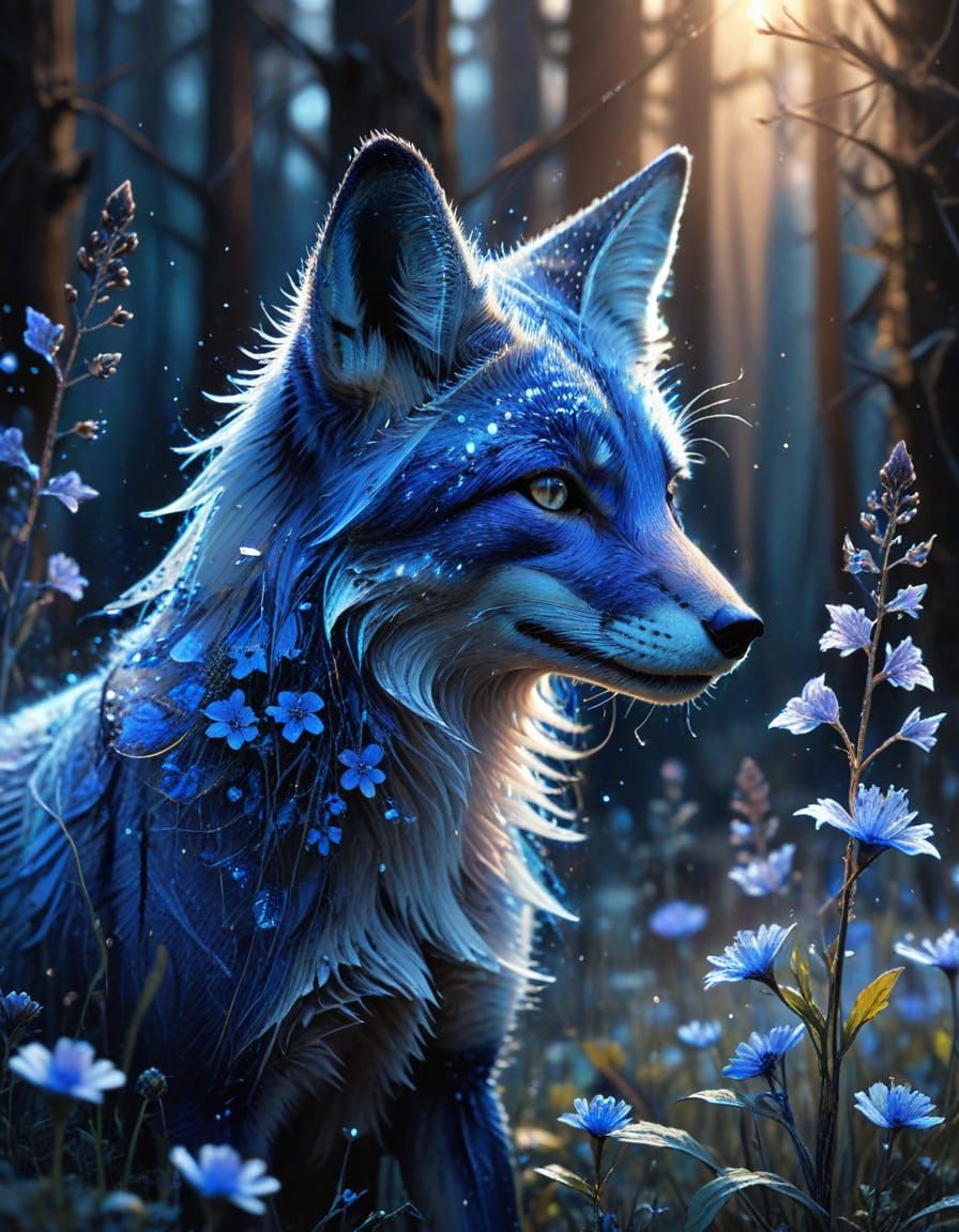 Blue Fox Smelling Magic Flower in Watercolor Style