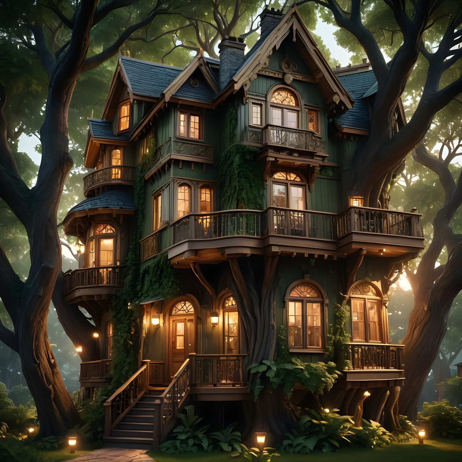 Photorealistic Treehouse Mansion in Golden Light