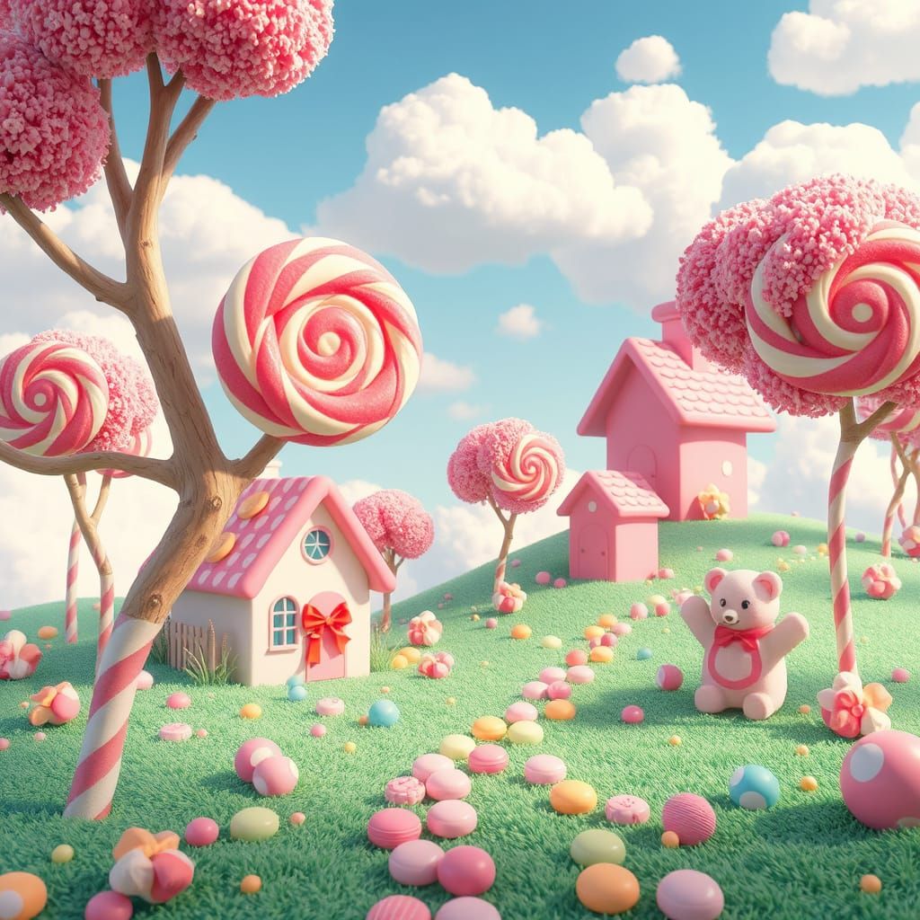 Whimsical Candy World with Lollipop Trees and Marshmallow Cl...