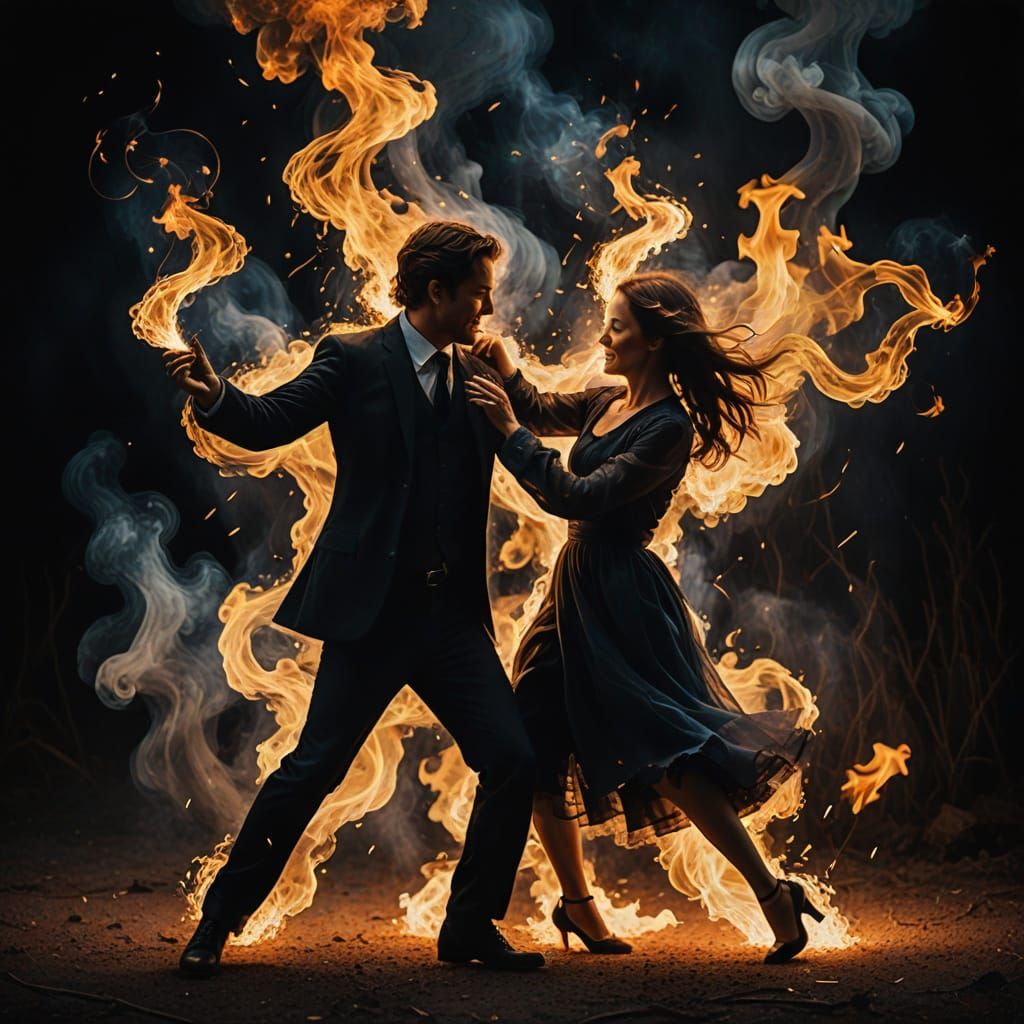 Dancing Couple in Smoke: Abstract Impressionistic Fire