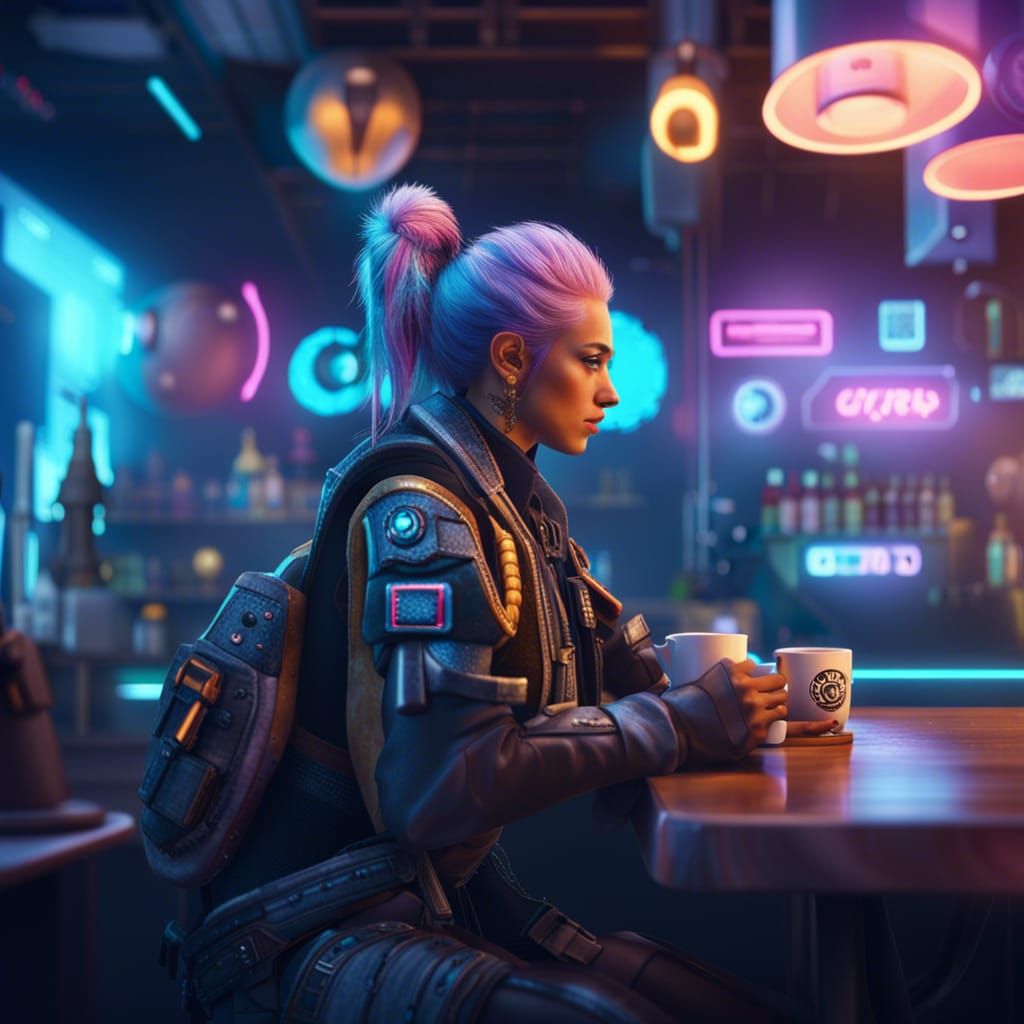 Cyberpunk Rebels in a Neon Coffee Shop