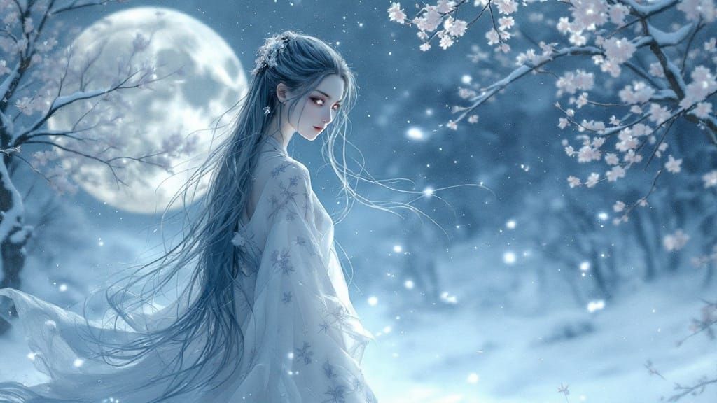 Winter Spirit in Elegant White Kimono