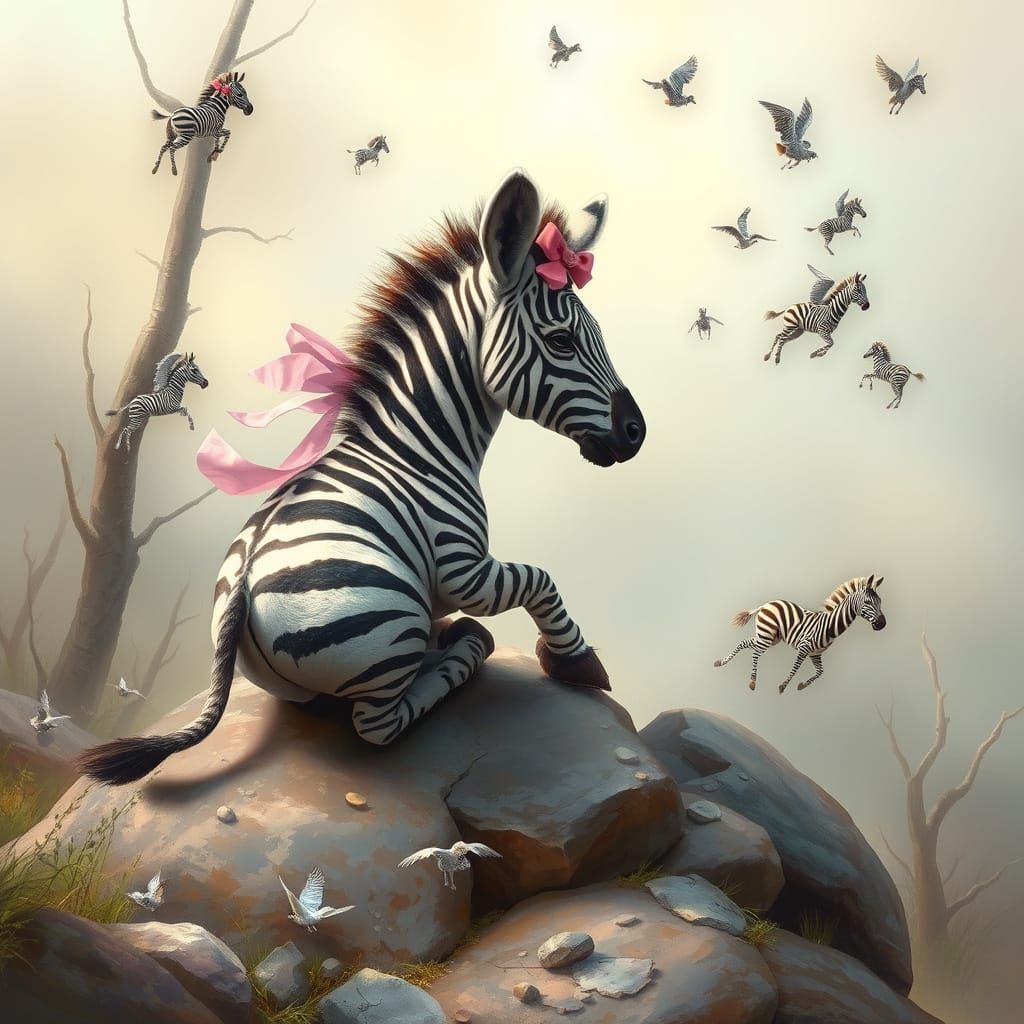 Whimsical Zebra Marvels at Miniature Flying Zebras in Dreamy...